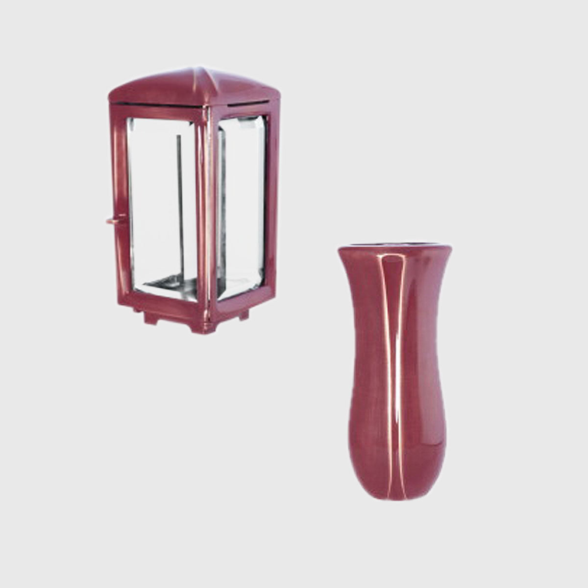 Grablaterne 5049 und Grabvase 6049 aus Bronze in Weinrot als Set.