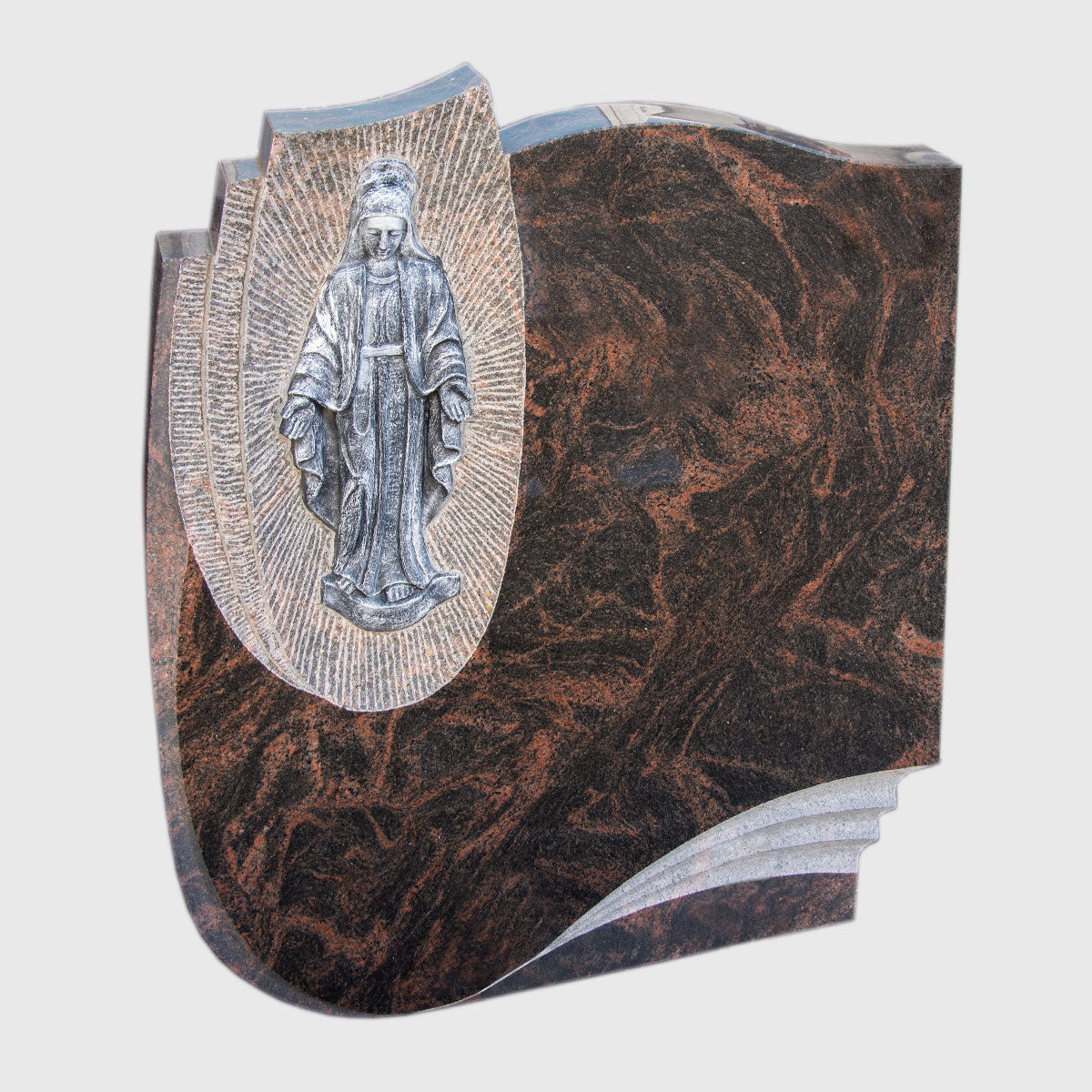 Grabstein aus indischem Aurora Granit mit colorierter Madonna – ausdrucksstarkes Naturstein-Grabmal mit religiösem Symbol