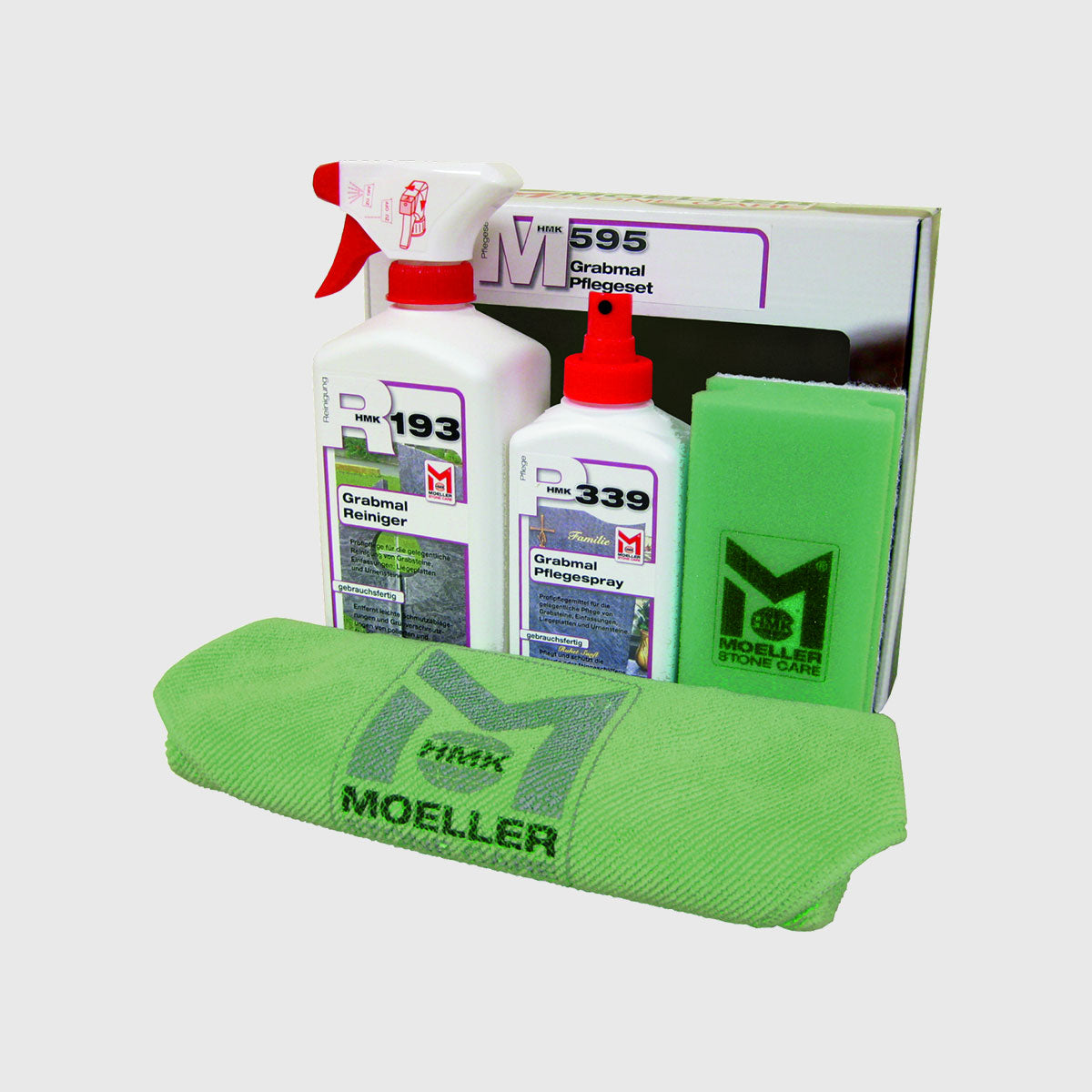 HMK M595 Grabmal-Pflegeset mit Reiniger, Pflegespray, Schwamm und Tuch für Naturstein-Grabmale