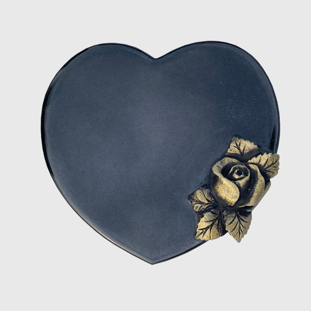 Liegender Herz-Gedenkstein aus Premium Black Granit mit bronzefarbener Rose – auch mit Ritzbild und in Orion Blue, Himalaya, Indisch Aurora und Star Galaxy erhältlich