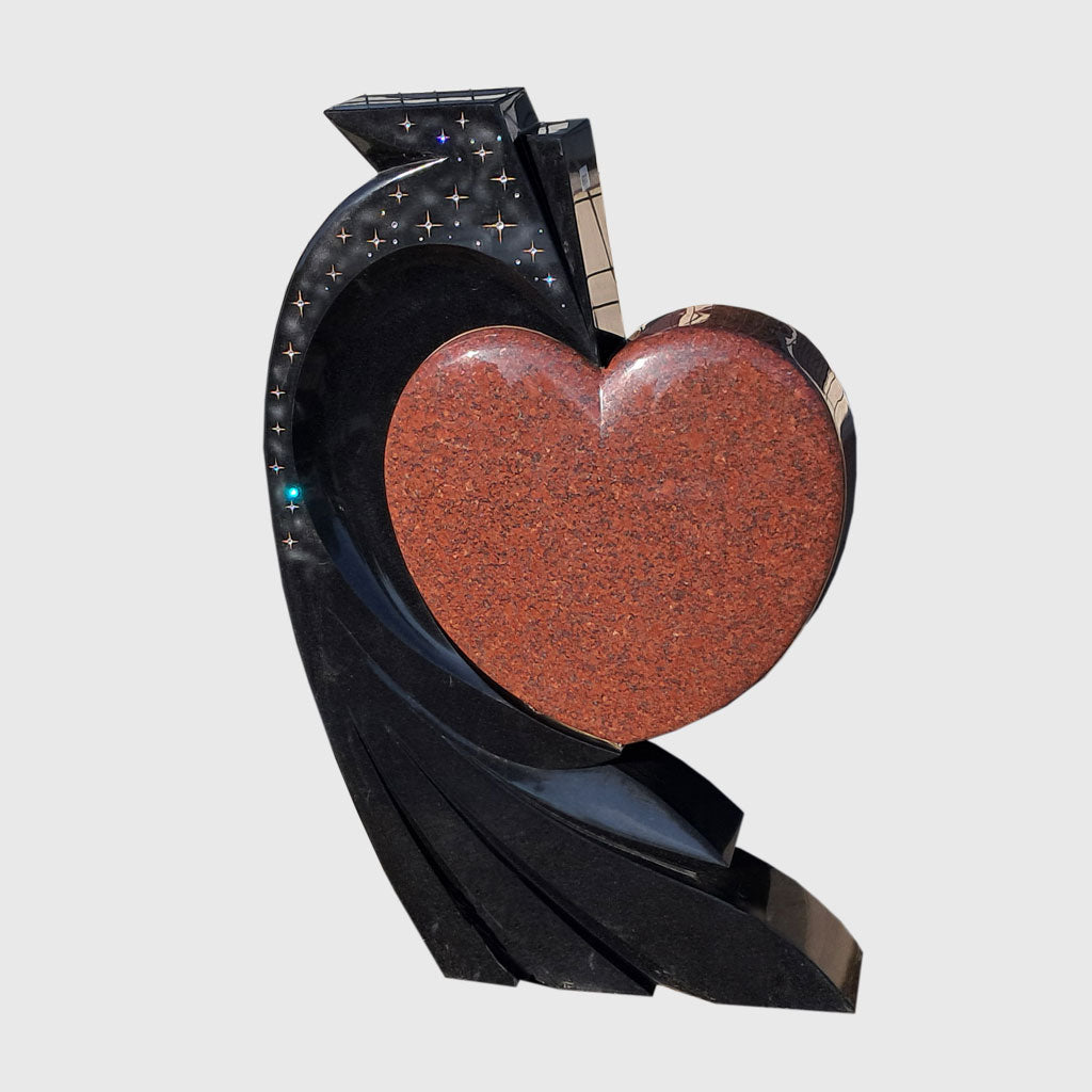 Grabstein Herz aus Imperial Red Granit mit Strass und Fassung aus Premium Black Granit