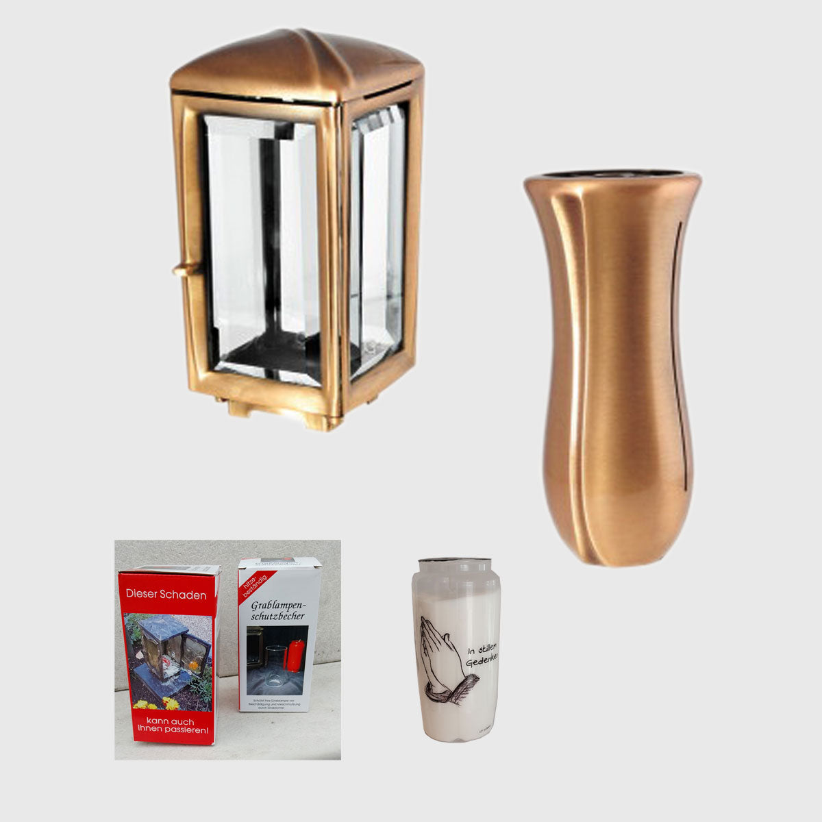 Grablampe und Vase Set aus Bronze oder Aluminium mit Schutzbecher und 4-Tage-Öllicht – wetterfestes, elegantes Grabschmuck-Set