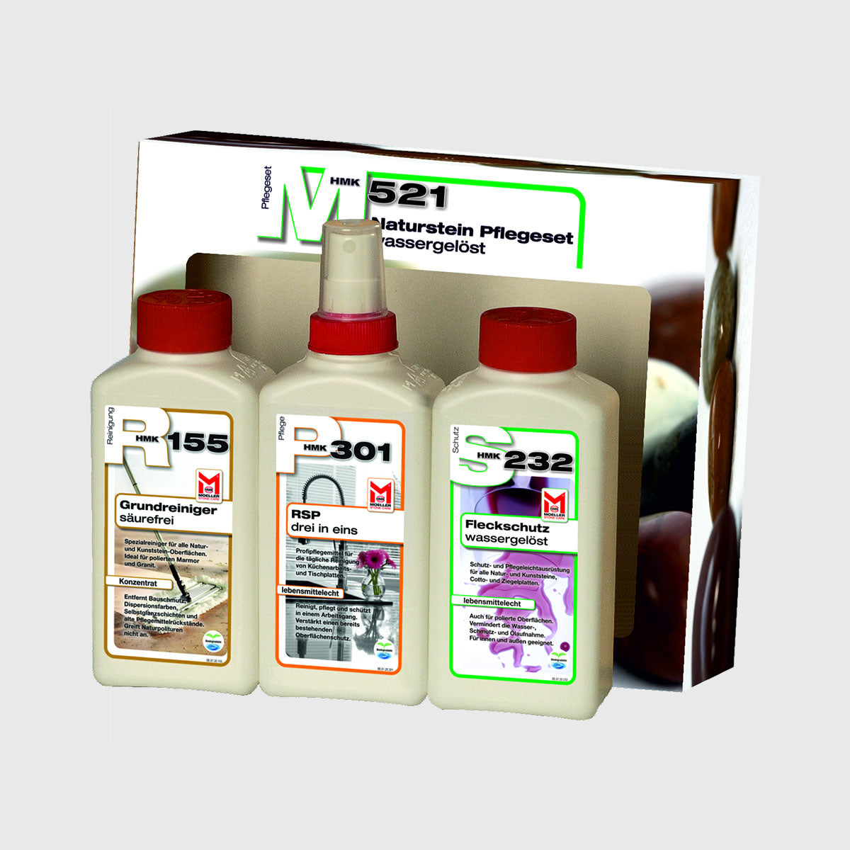 HMK® M521 Naturstein-Pflegeset – wasserbasierend, Reinigen, Schützen & Pflegen