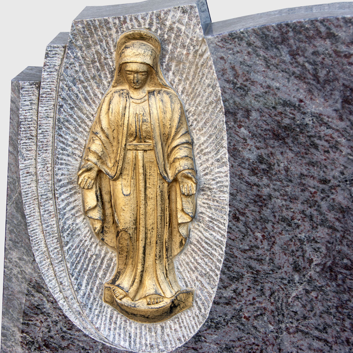 Breitformat Grabstein Orion Blue Granit mit vergoldeter Madonna für Doppelgräber