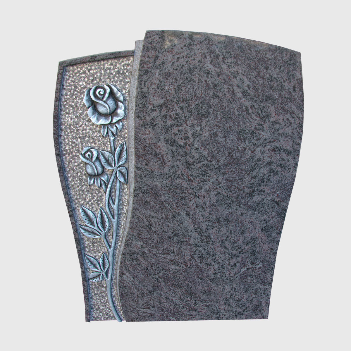 Grabstein aus Orion Blue Granit mit Rosenornament – elegantes Naturstein-Grabmal in dunkelblauer Farbgebung