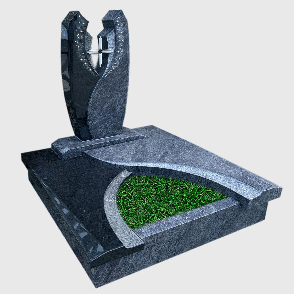 Urnengrabanlage aus Orion Blue und Premium Black Granit mit Edelstahlkreuz und Strass-Sternen – Stone Lounge