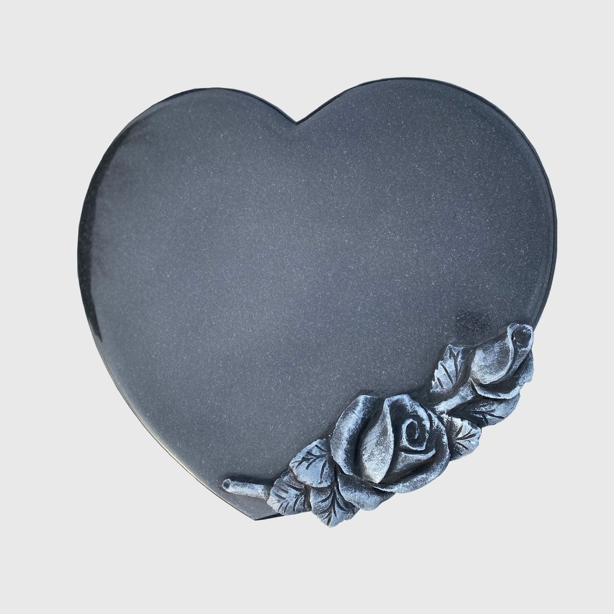 Liegender Herz-Gedenkstein aus Premium Black Granit mit grauer Rose – optional mit Ritzbild und in Orion Blue, Himalaya, Indisch Aurora oder Star Galaxy erhältlich