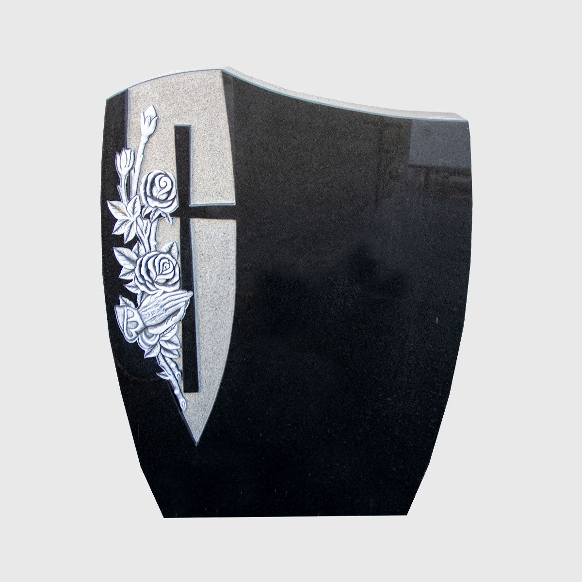 Grabstein Premium Black mit Kreuz und Rosenornament