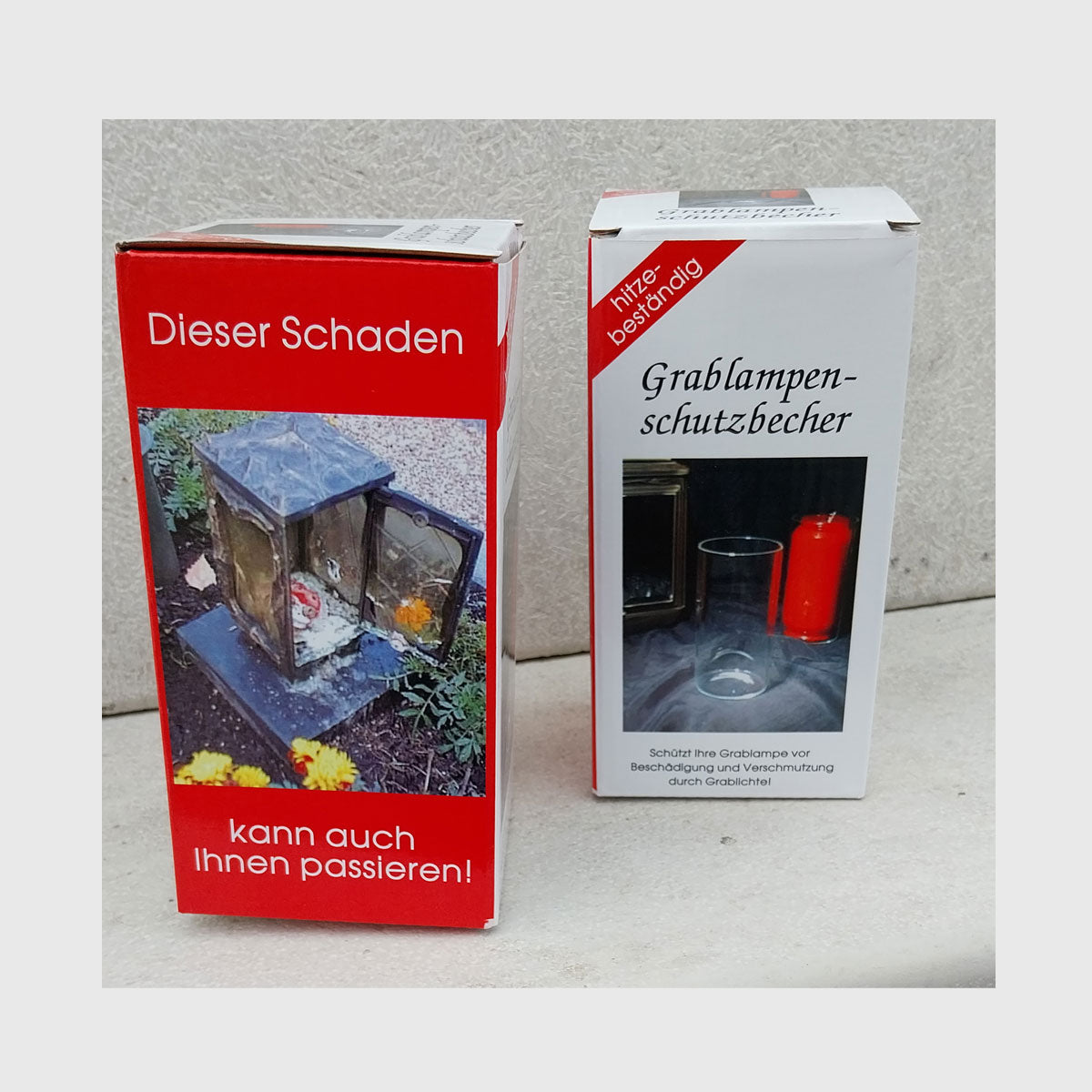 Grablampenschutzbecher aus hitzebeständigem Jenaer Glas – schützt Laternen vor auslaufenden Kerzen, erhältlich in zwei Größen