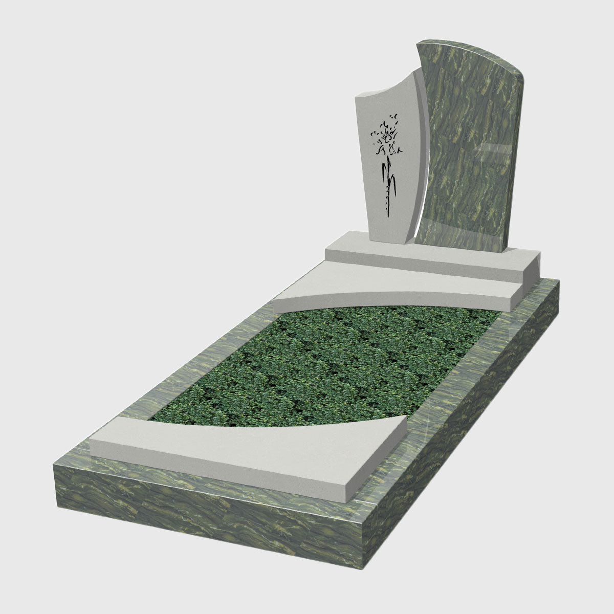 Einzelgrabanlage aus Picasso Granit und New White Kompositstein kaufen – stilvolles Grabmal mit Ornament