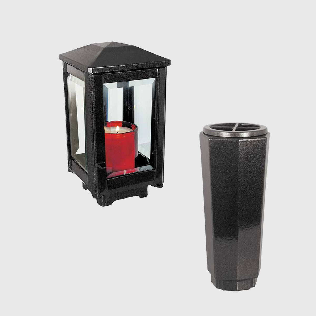 Set aus Laterne W/123 und Vase W/423 in Brilliantschwarz – edler Grabschmuck