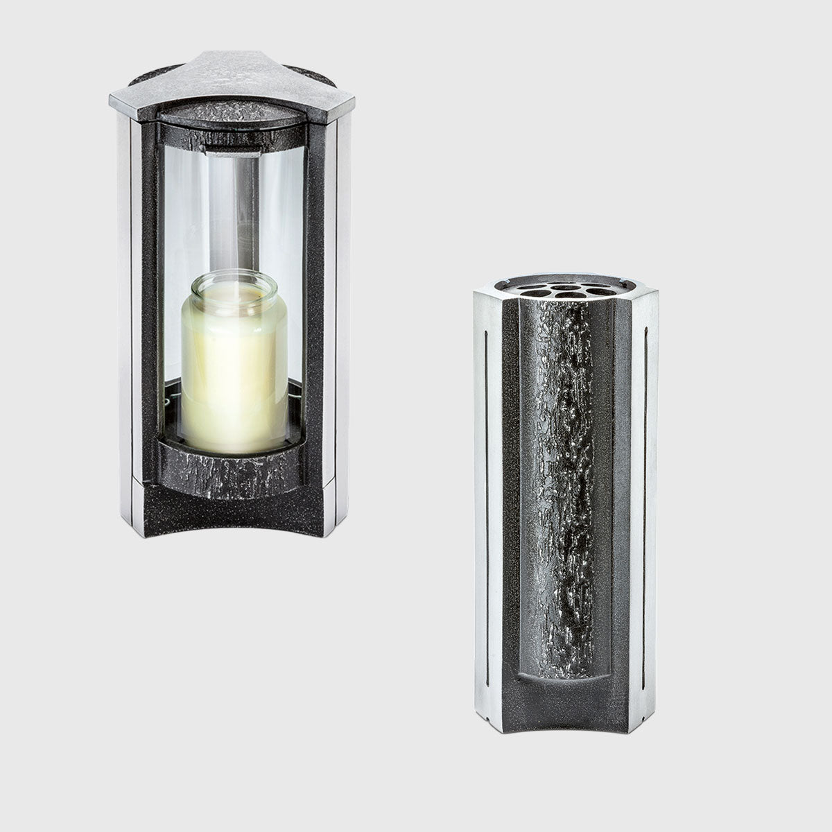 Laterne und Vase Set aus Aluminium, modern mit Struktur Design für Grabgestaltung