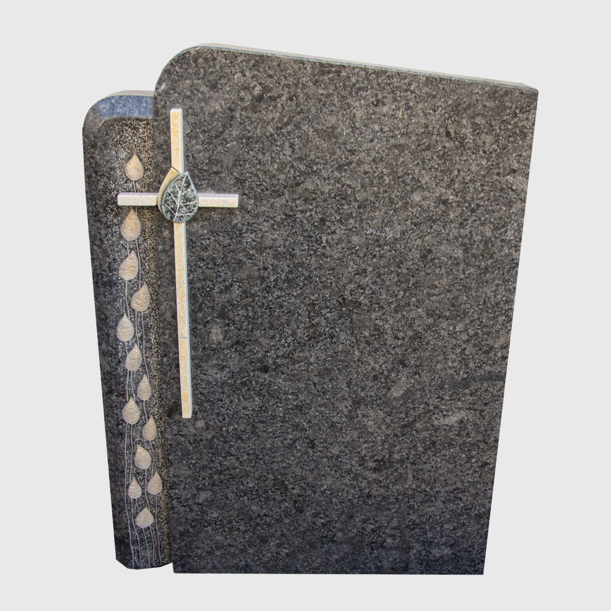 Grabstein aus Steel Grey Granit mit Metallkreuz und Blattornament – modernes, elegantes Naturstein-Grabmal