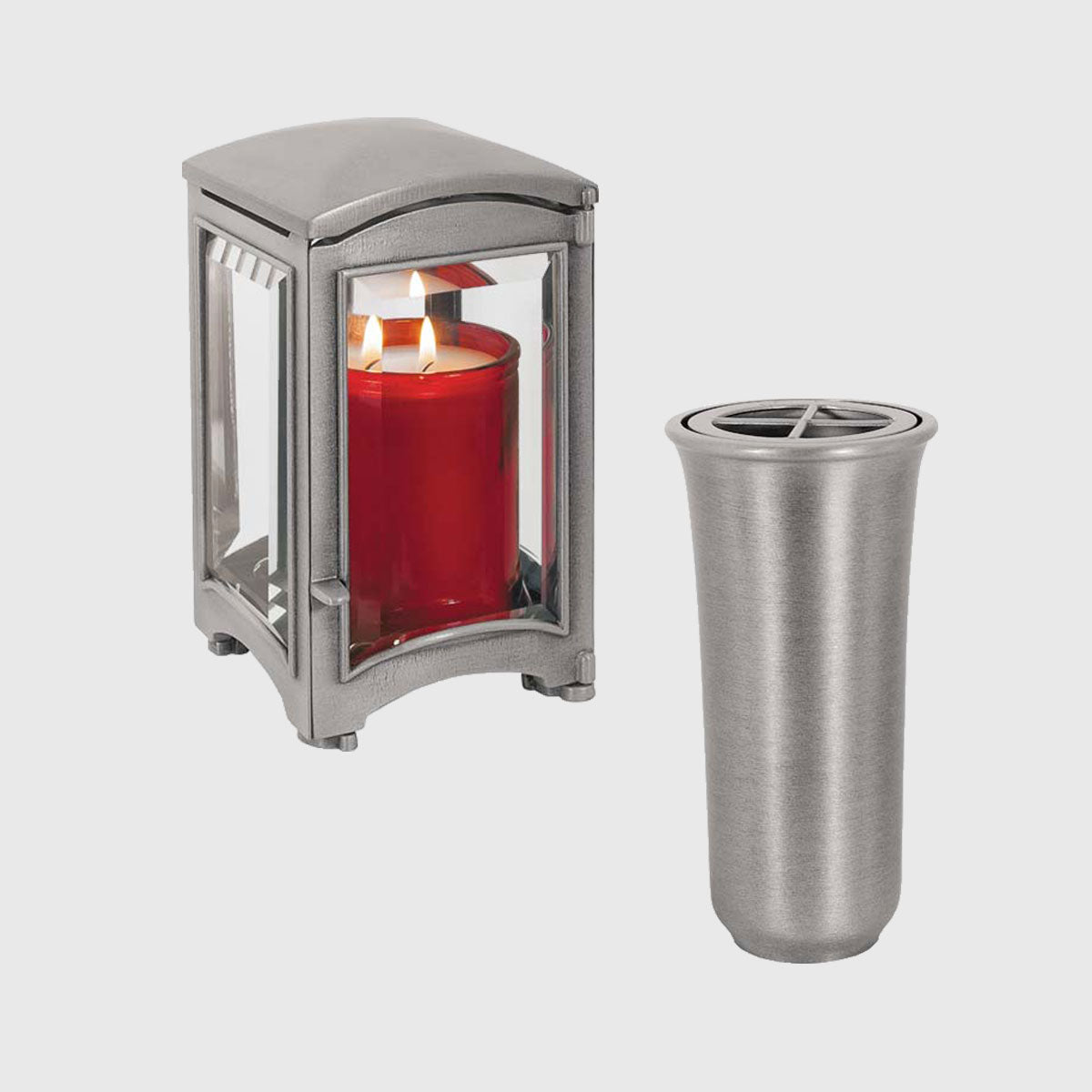 Set aus Urnenlaterne W/131 und Grabvase W/431 in Aluminium – modernes Grabschmuck Ensemble für Urnengrab