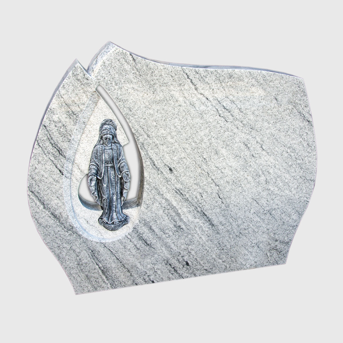 Breitformat-Grabstein aus Viscount White Granit mit Madonnenfigur, geeignet für Doppelgräber.