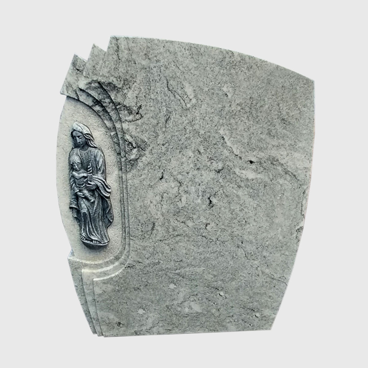 Grabstein aus Viscount White Granit mit Madonnenfigur und Kind.