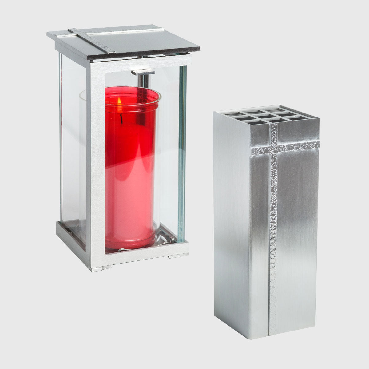 Modernes Edelstahl Set mit Laterne und Vase für Grabgestaltung