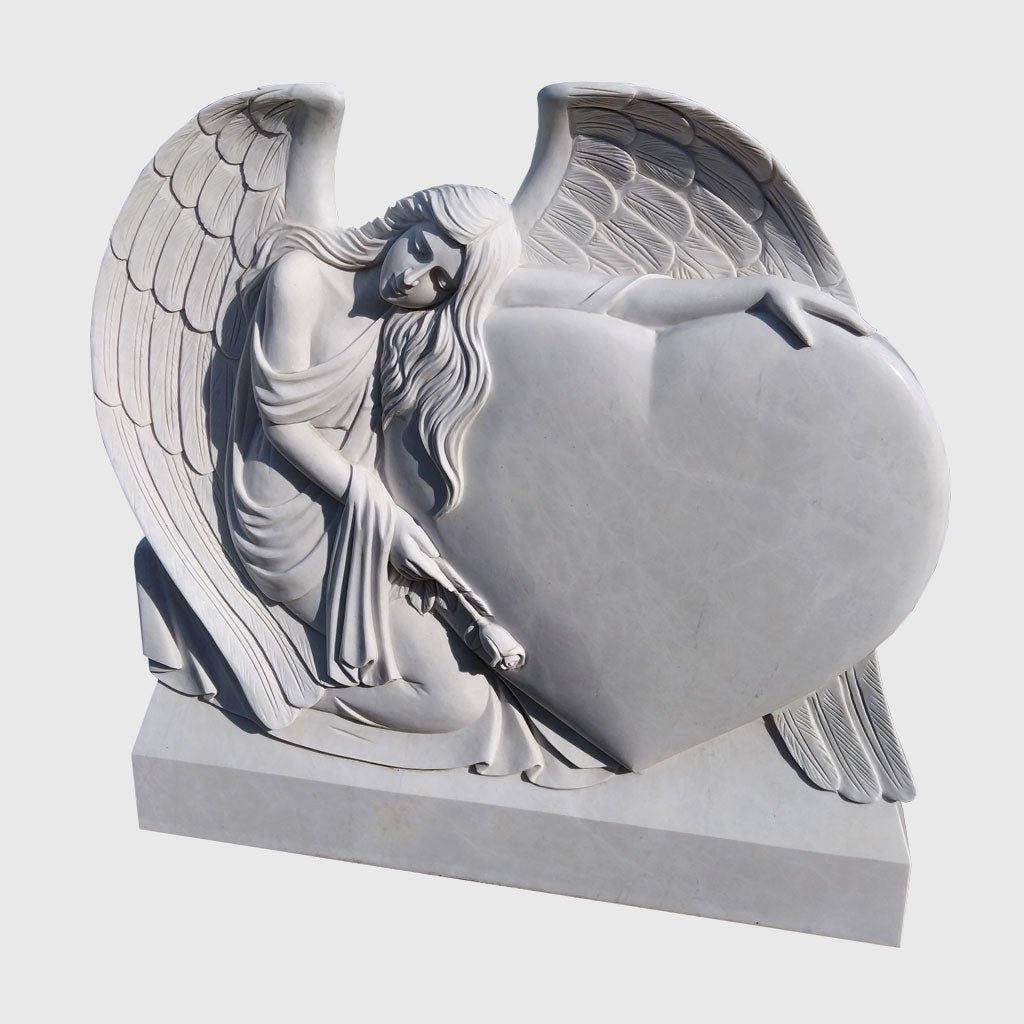 Marmor Grabstein Marble White mit plastischem Engel und Herz