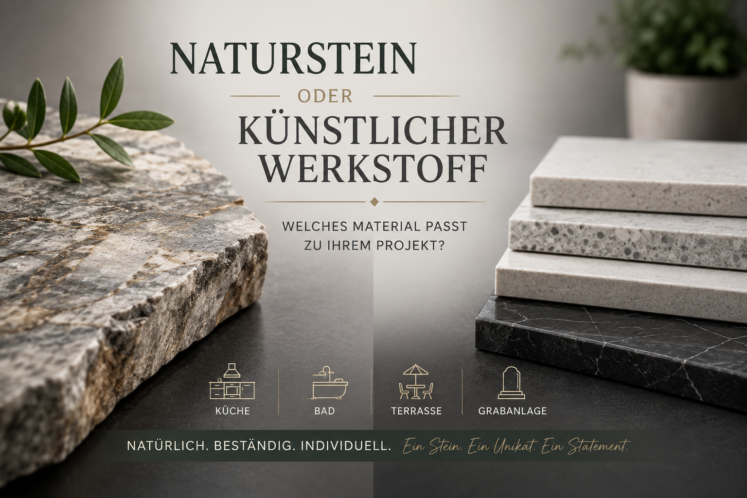 Naturstein, Keramik und Quarzkomposit im Vergleich für Küche, Bad, Terrasse und Grabgestaltung