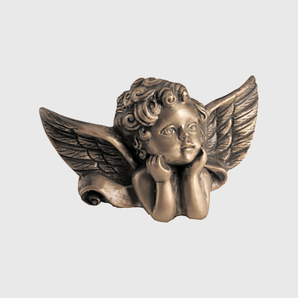 
Engel liegend mit Flügeln, erhältlich in Bronze oder Aluminium, als Grabschmuck.