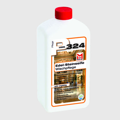 HMK P324 Edel-Steinseife Wischpflege in der weißen 1-Liter-Flasche mit rotem Verschluss.