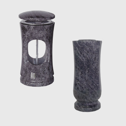 Grablaterne und Grabvase aus Orion Blue Granit, wetterfest &amp; pflegeleicht, Tipp Kombination mit Pflanzschale Orion Blue – Stone Lounge