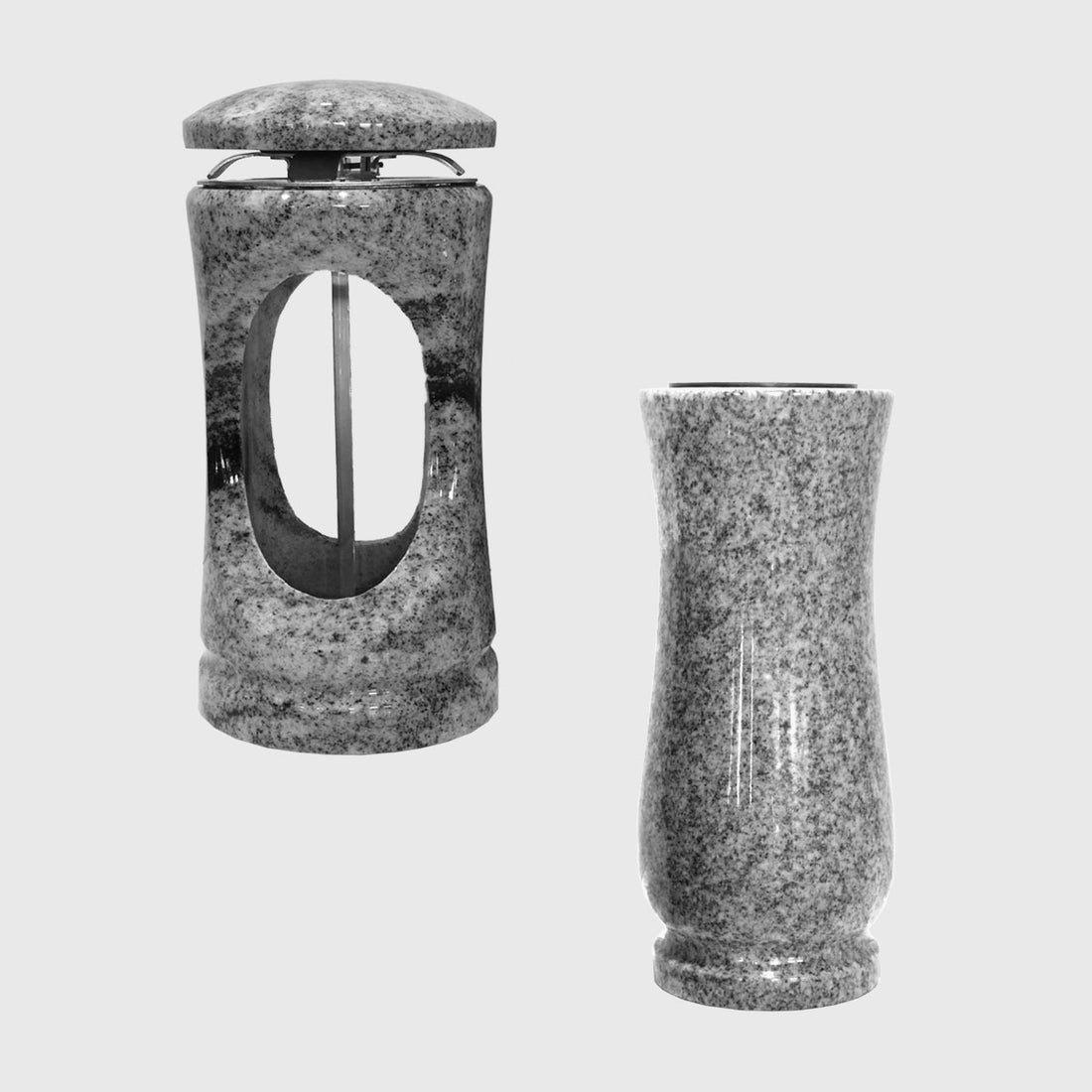 Grablaterne und Grabvase aus Viscount White Granit, wetterfest &amp; pflegeleicht, Tipp Kombination mit Pflanzschale – Stone Lounge