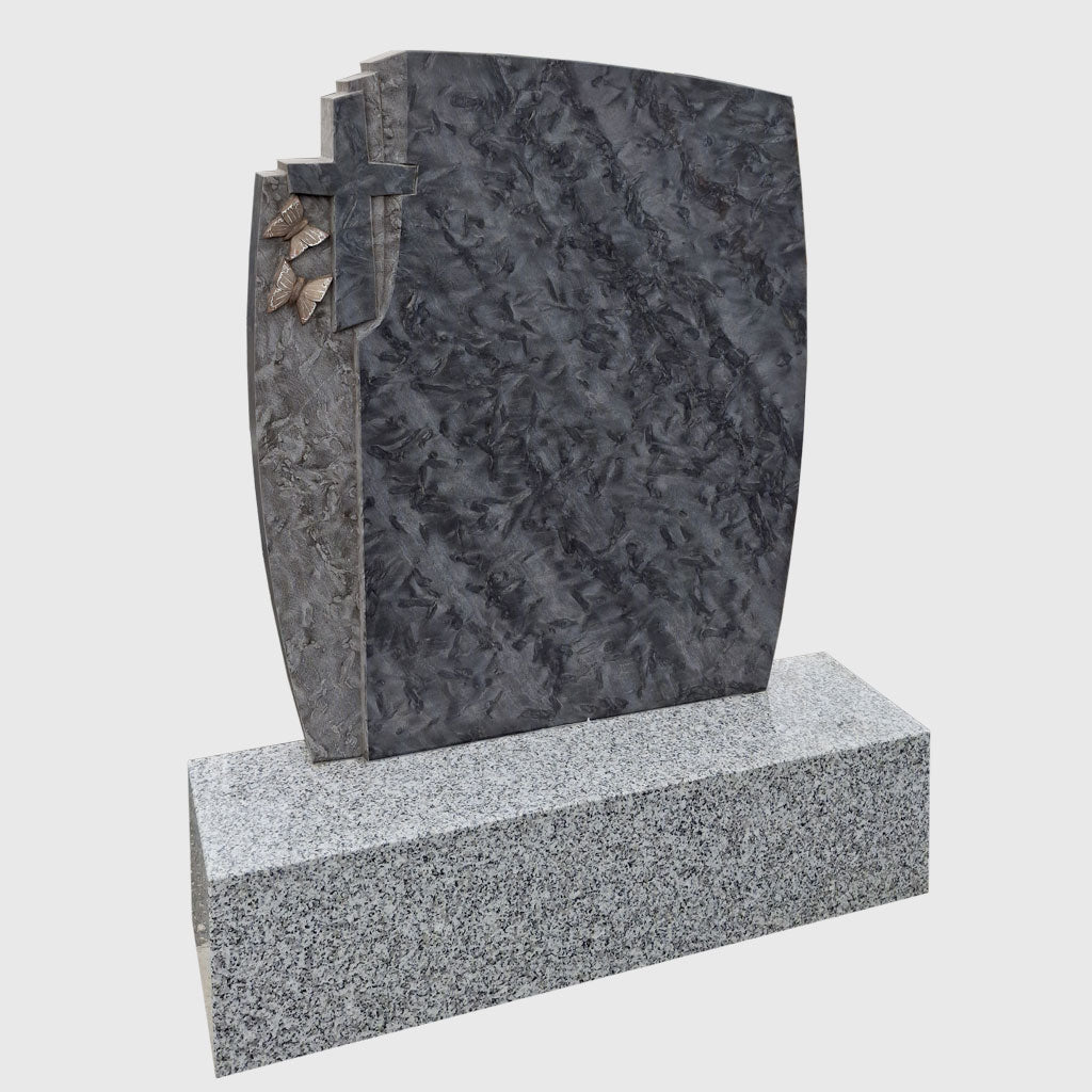 Grabstein aus Matrix Granit mit Kreuz und Blättern in Bronzeton – Stone Lounge