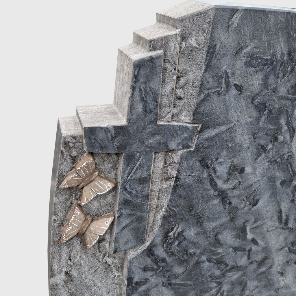 Grabstein aus Matrix Granit mit Kreuz und Blättern in Bronzeton – Stone Lounge