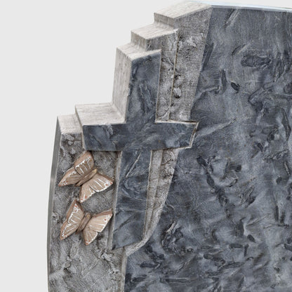 Grabstein aus Matrix Granit mit Kreuz und Blättern in Bronzeton – Stone Lounge