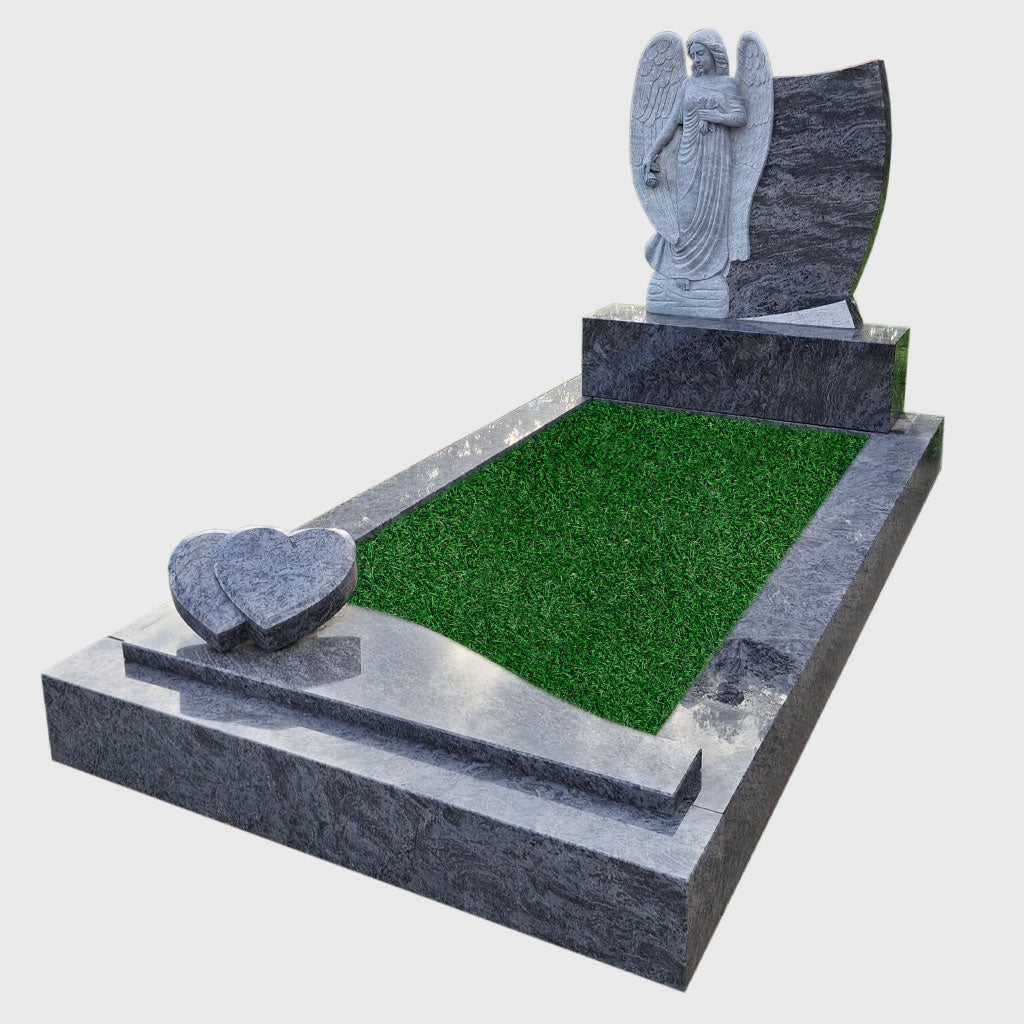 Orion Blue Grabanlage kaufen – stilvolles Grabmal aus Granit mit Engelskulptur und Herzornament