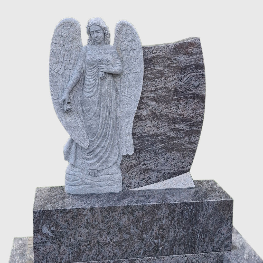 Orion Blue Grabanlage kaufen – stilvolles Grabmal aus Granit mit Engelskulptur und Herzornament