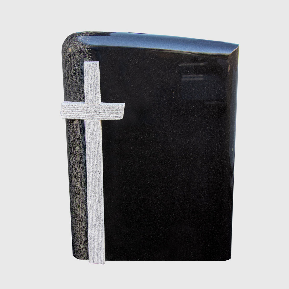 Grabstein aus Premium Black Granit mit seitlichem Kreuz aus Viscount White