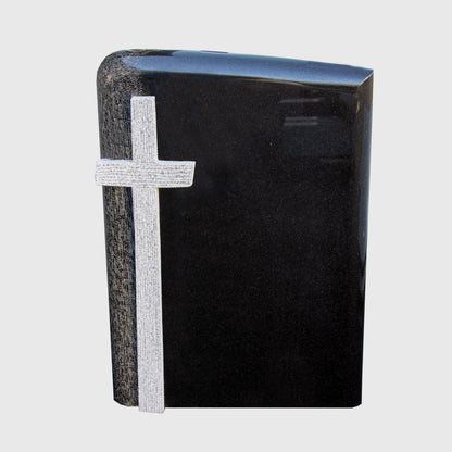 Grabstein aus Premium Black Granit mit seitlichem Kreuz aus Viscount White