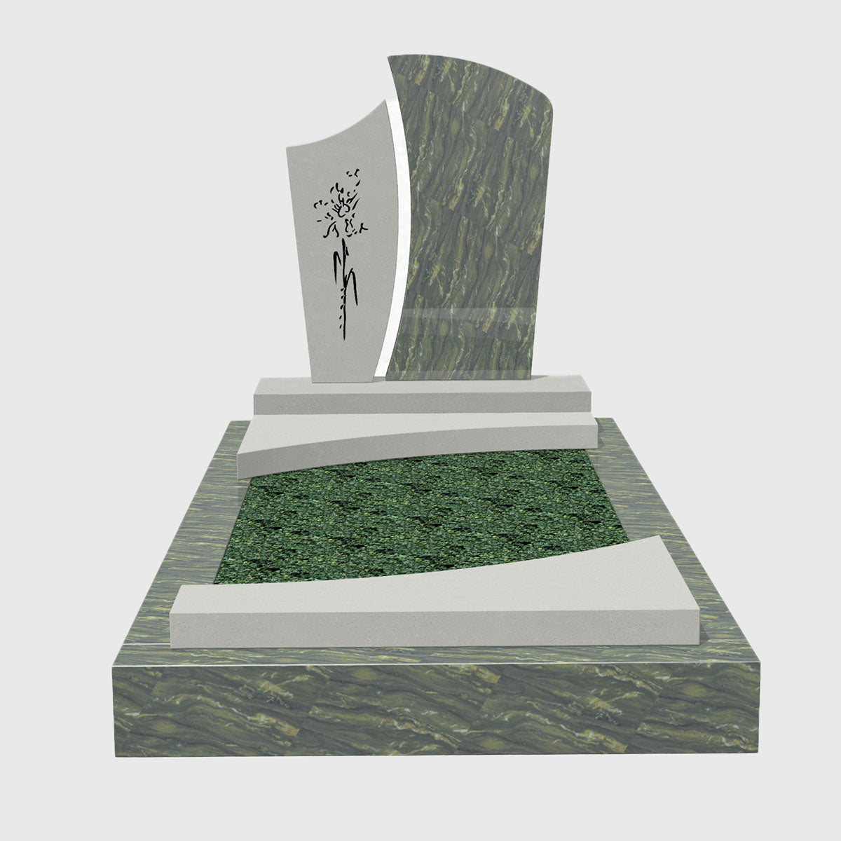 Einzelgrabanlage aus Picasso Granit und New White Kompositstein kaufen – stilvolles Grabmal mit Ornament