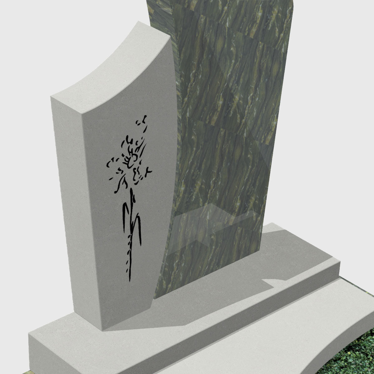 Einzelgrabanlage aus Picasso Granit und New White Kompositstein kaufen – stilvolles Grabmal mit Ornament