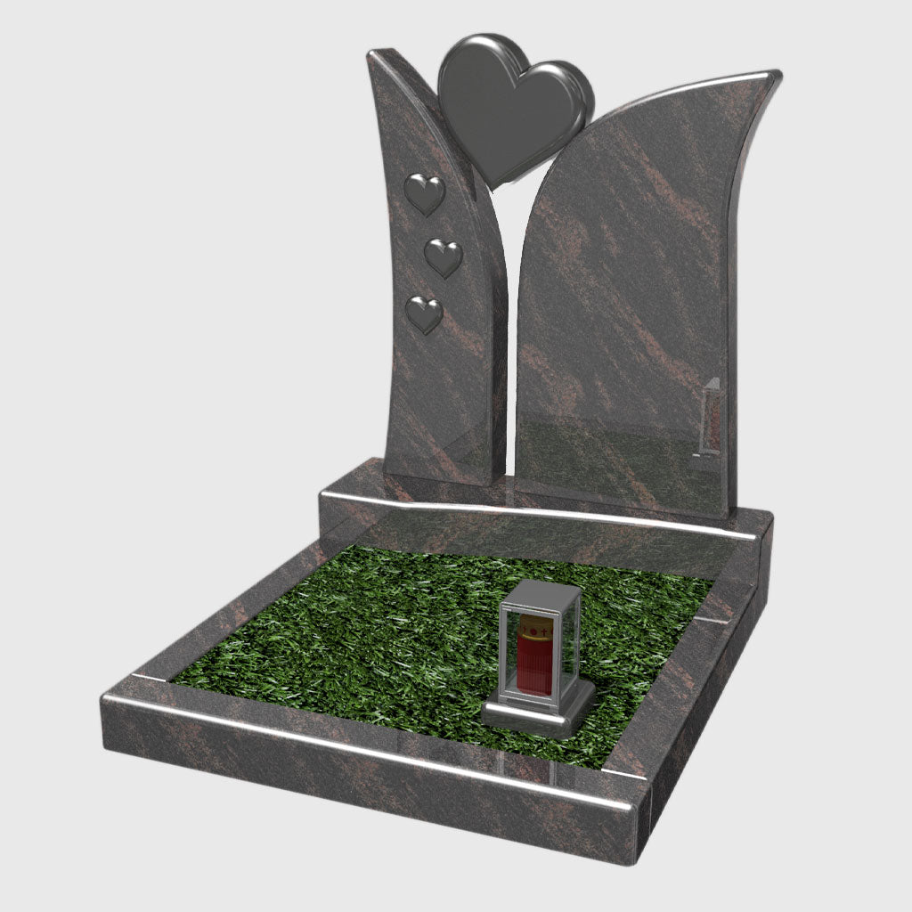 Urnenanlage aus Indisch Aurora und Premium Black Granit kaufen – stilvolles Grabmal mit Herzornamenten