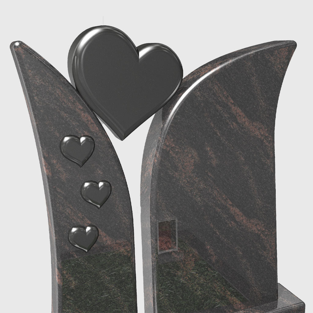 Urnenanlage aus Indisch Aurora und Premium Black Granit kaufen – stilvolles Grabmal mit Herzornamenten