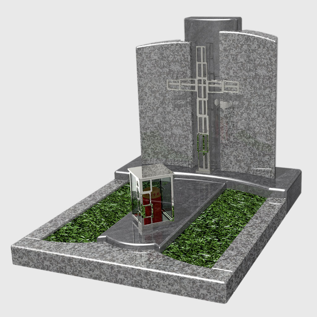 Urnenanlage aus Tarn Granit und Orion Blue Granit kaufen – stilvolles Grabmal mit Edelstahlkreuz und moderner Grablaterne