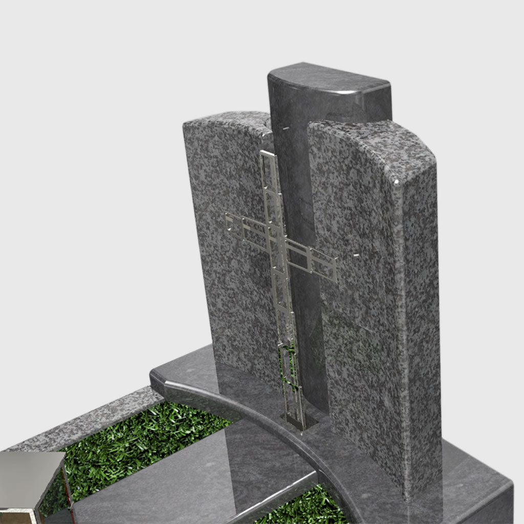 Urnenanlage aus Tarn Granit und Orion Blue Granit kaufen – stilvolles Grabmal mit Edelstahlkreuz und moderner Grablaterne