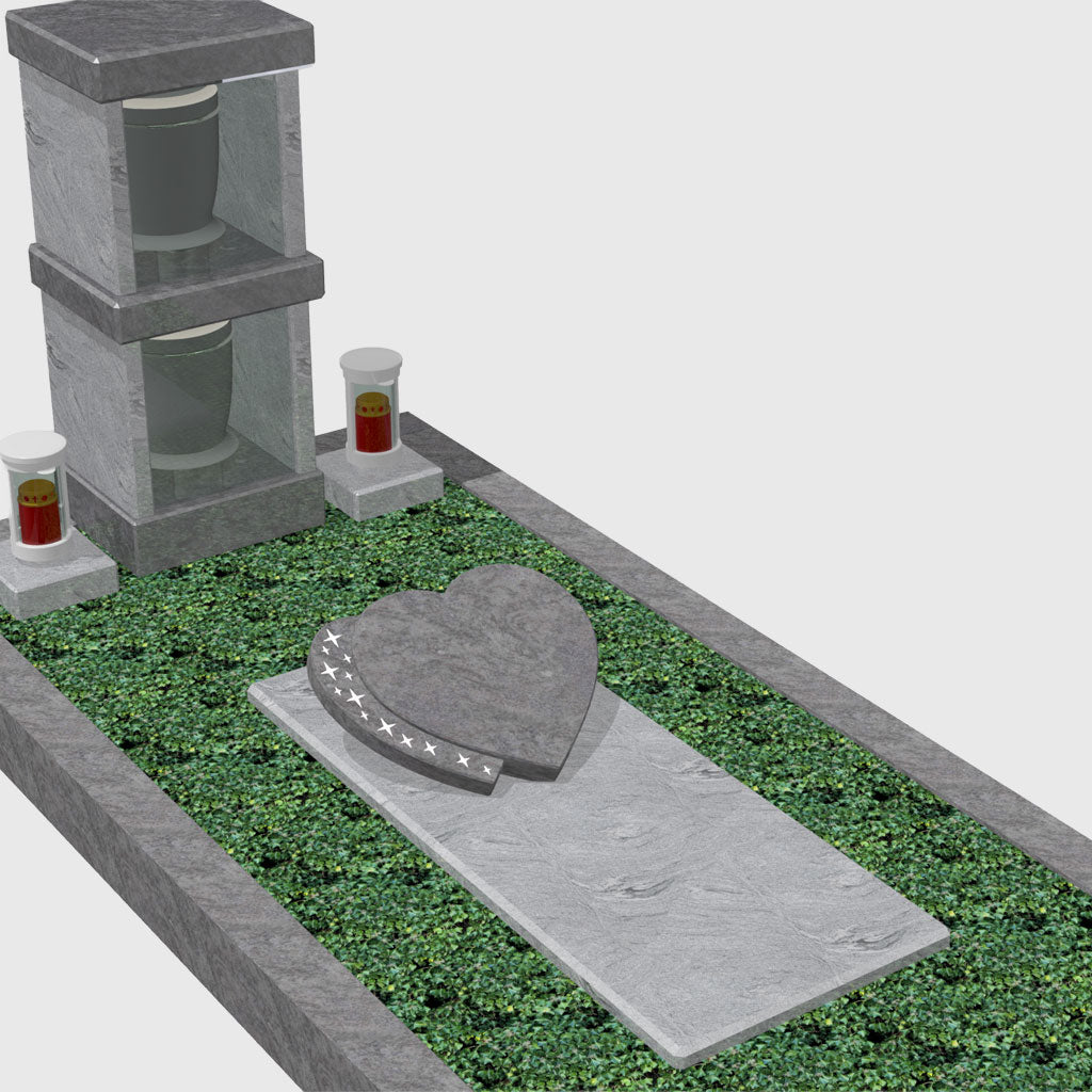 Modernes Urnengrab mit Urnensäule aus Orion Blue und Viscount White Granit, transparentem Glas, Herz und Liegeplatte