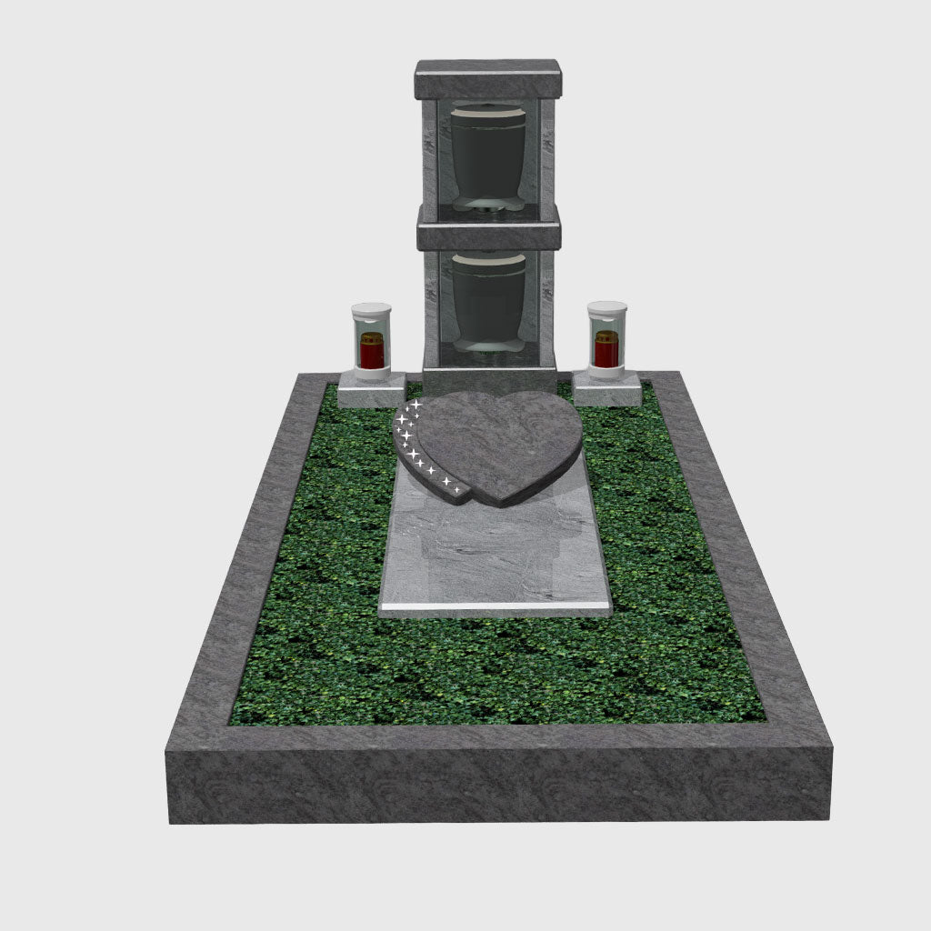 Modernes Urnengrab mit Urnensäule aus Orion Blue und Viscount White Granit, transparentem Glas, Herz und Liegeplatte