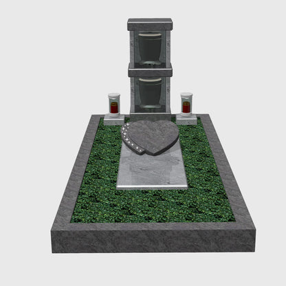 Modernes Urnengrab mit Urnensäule aus Orion Blue und Viscount White Granit, transparentem Glas, Herz und Liegeplatte