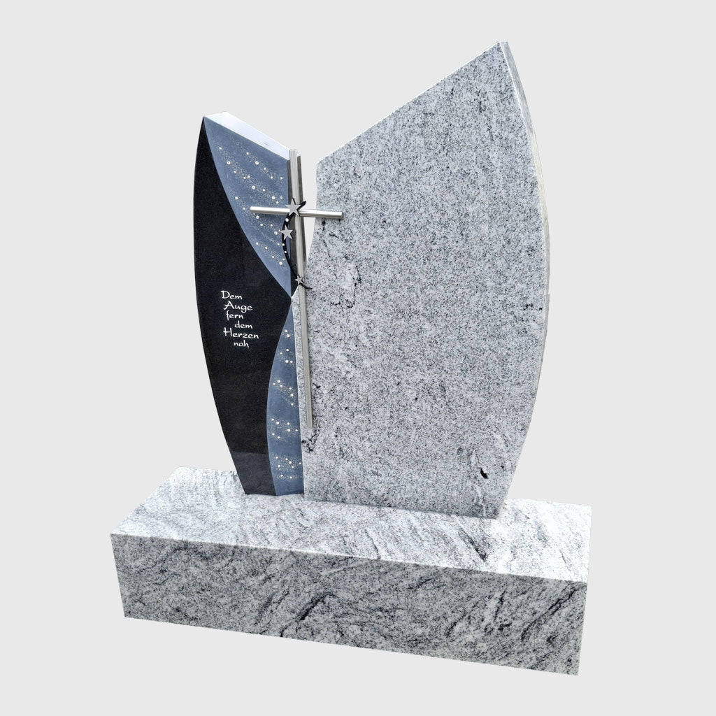 Urnengrabstein aus Viscount White und Premium Black Granit mit Edelstahlkreuz – Stone Lounge