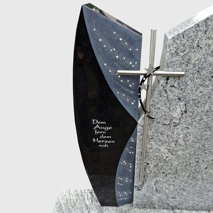Urnengrabstein aus Viscount White und Premium Black Granit mit Edelstahlkreuz – Stone Lounge