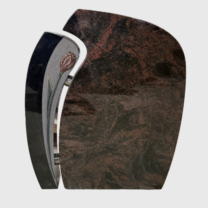Urnenstein aus Premium Black und Aruba Granit mit plastisch gearbeiteter und kolorierter Rose, modernes Grabmal Stone Lounge