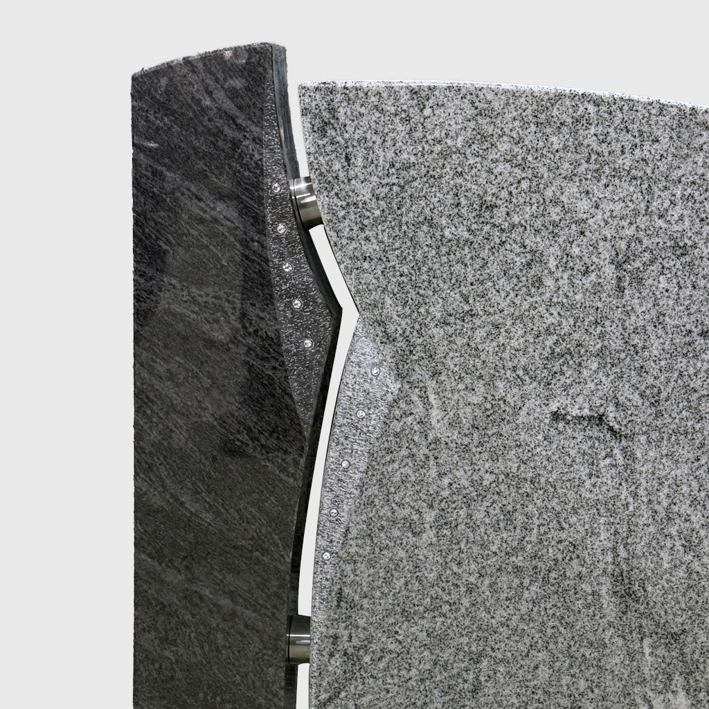 Moderner Urnengrabstein aus Orion Blue und Viscount White Granit mit Edelstahlverbindungen und Strasssteinen