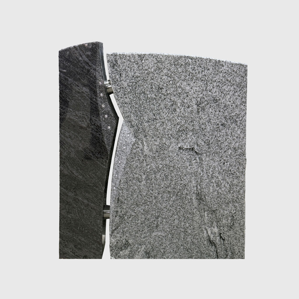 Moderner Urnengrabstein aus Orion Blue und Viscount White Granit mit Edelstahlverbindungen und Strasssteinen