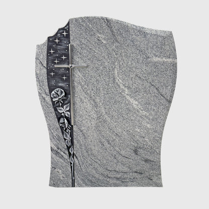 Moderner Grabstein aus Viscount White Granit mit Edelstahlkreuz und Rosenornamenten für Einzelgrab
