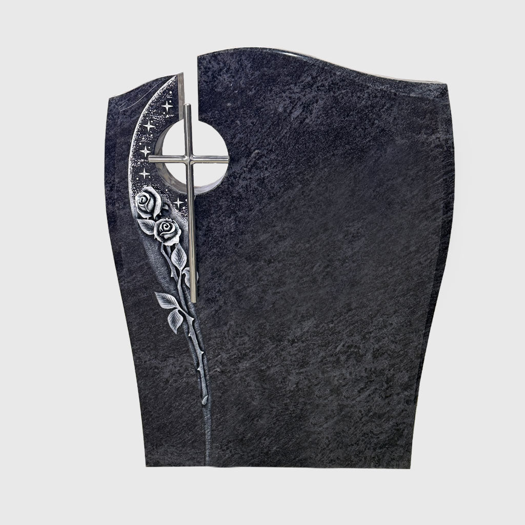 Moderner Grabstein aus Orion Blue Granit mit Edelstahlkreuz und Rosenornamenten für Einzelgrab